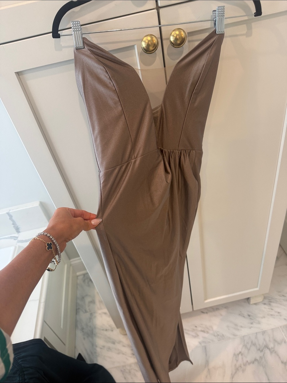 Strapless Taupe Midi Dress with Sweetheart Neckline
